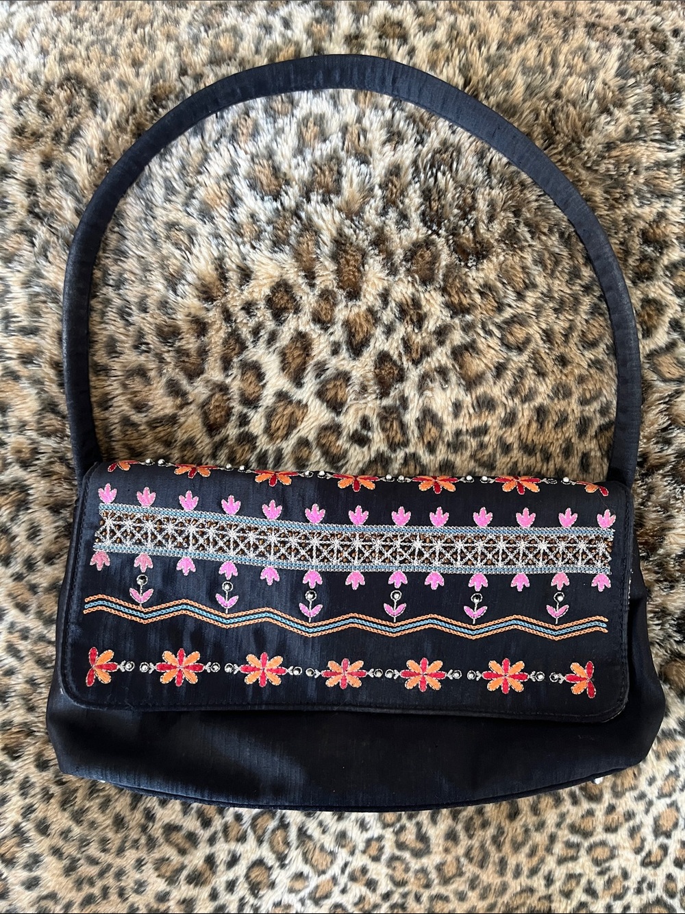 Black Beaded Embroidered Shoulder Bag with Pink & Orange Floral Trim